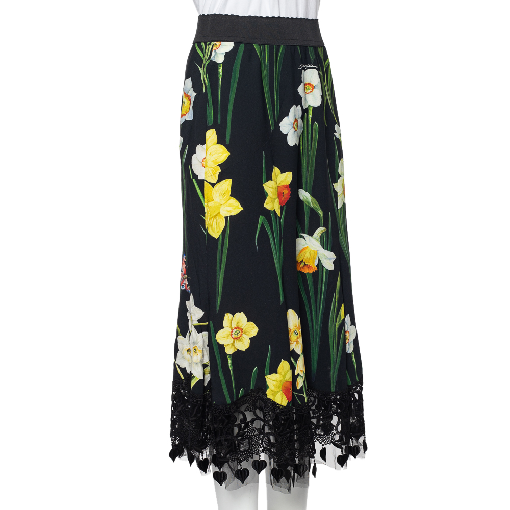 

Dolce & Gabbana Black Floral Printed Crepe & Lace Trim Cady Skirt