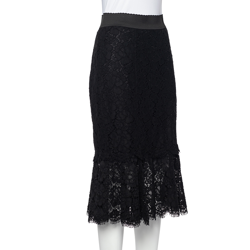 

Dolce & Gabbana Black Lace Flounce Hem Midi Skirt