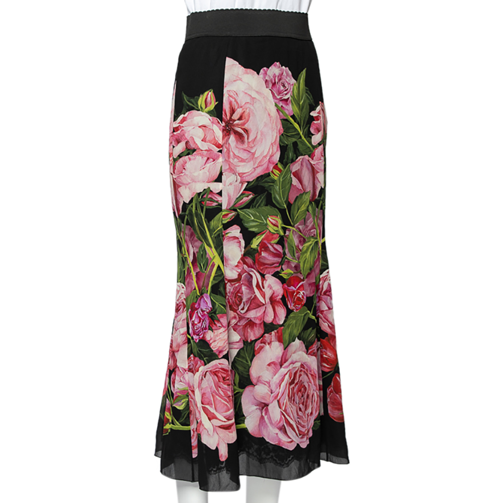 

Dolce & Gabbana Black Rose Printed Silk Pencil Skirt