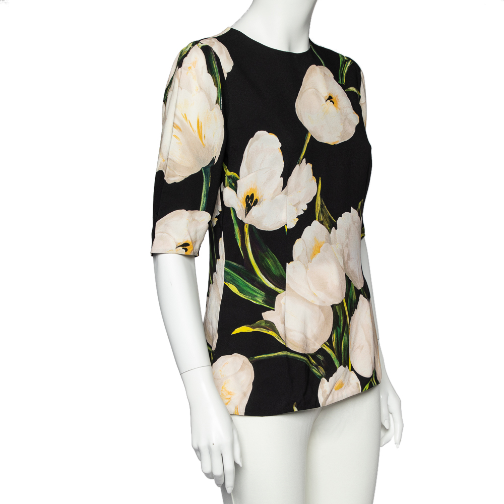 

Dolce & Gabbana Black Floral Printed Crepe Three Quarter Sleeve Top