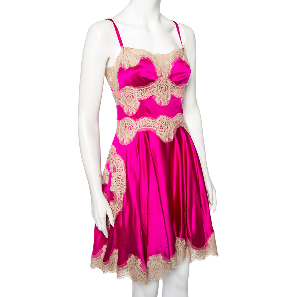 

Dolce & Gabbana Fuchsia Pink Silk Lace Detail Slip Dress