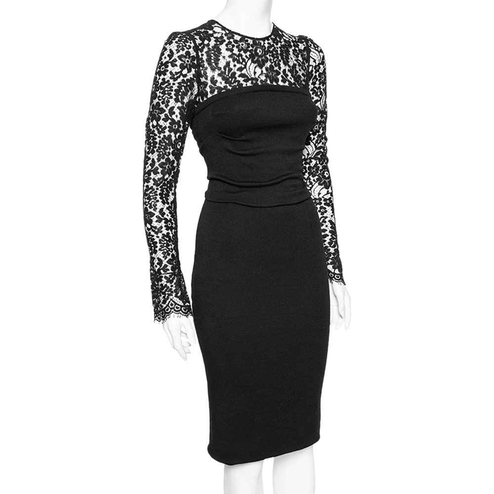 

Dolce & Gabbana Black Wool And Lace Paneled Midi Dress