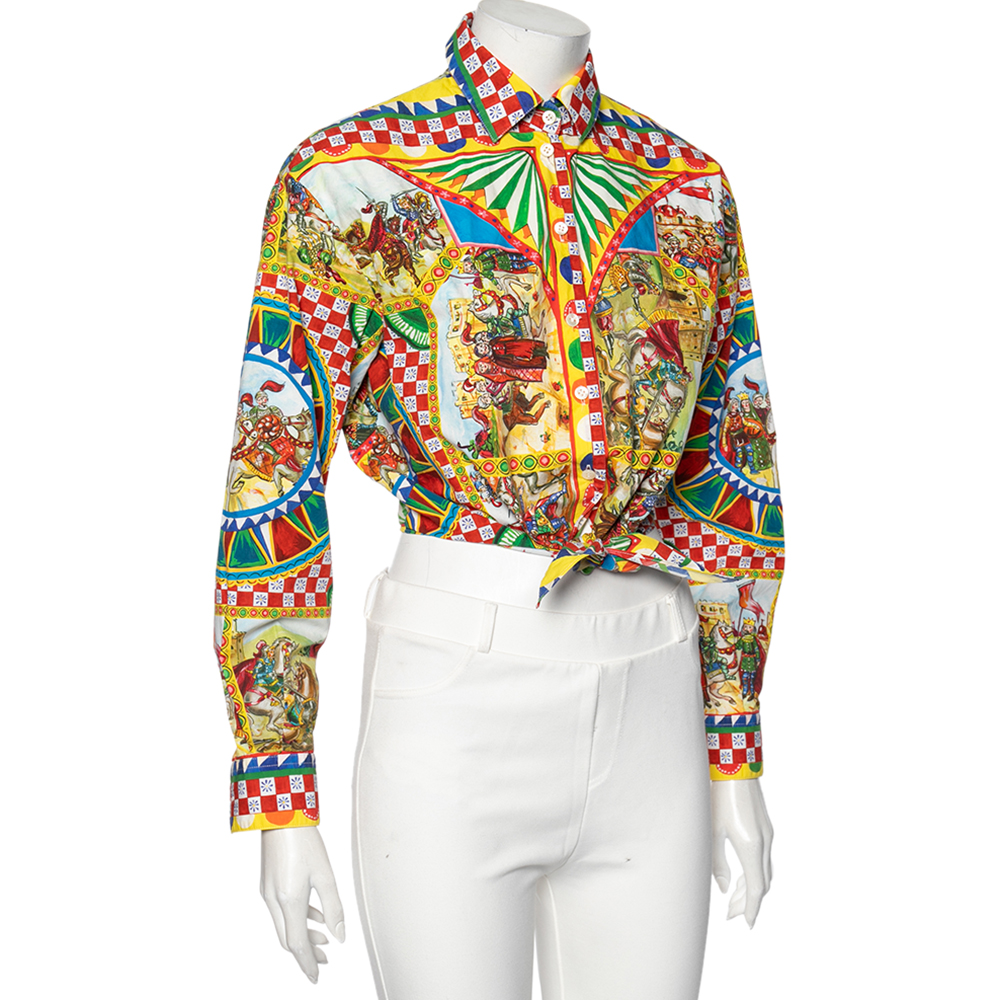 

Dolce & Gabbana Multicolored Printed Cotton Front Tie-Up Detail Shirt, Multicolor