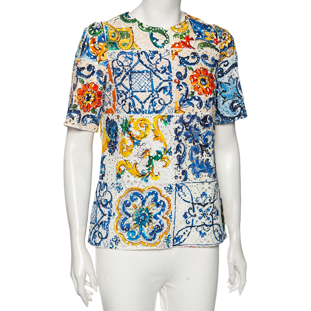 

Dolce & Gabbana Multicolor Majolica Printed Eyelet Lace Top