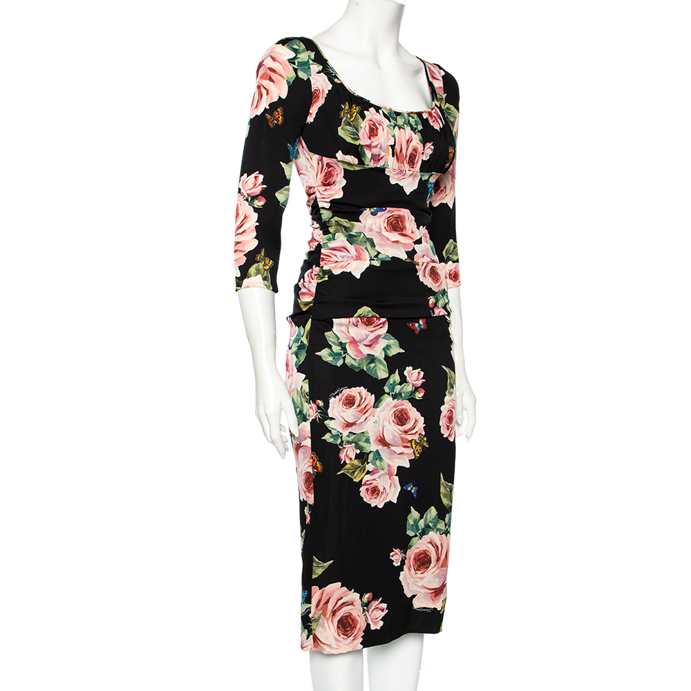 

Dolce & Gabbana Black Floral Printed Silk Draped Detailed Sheath Dress