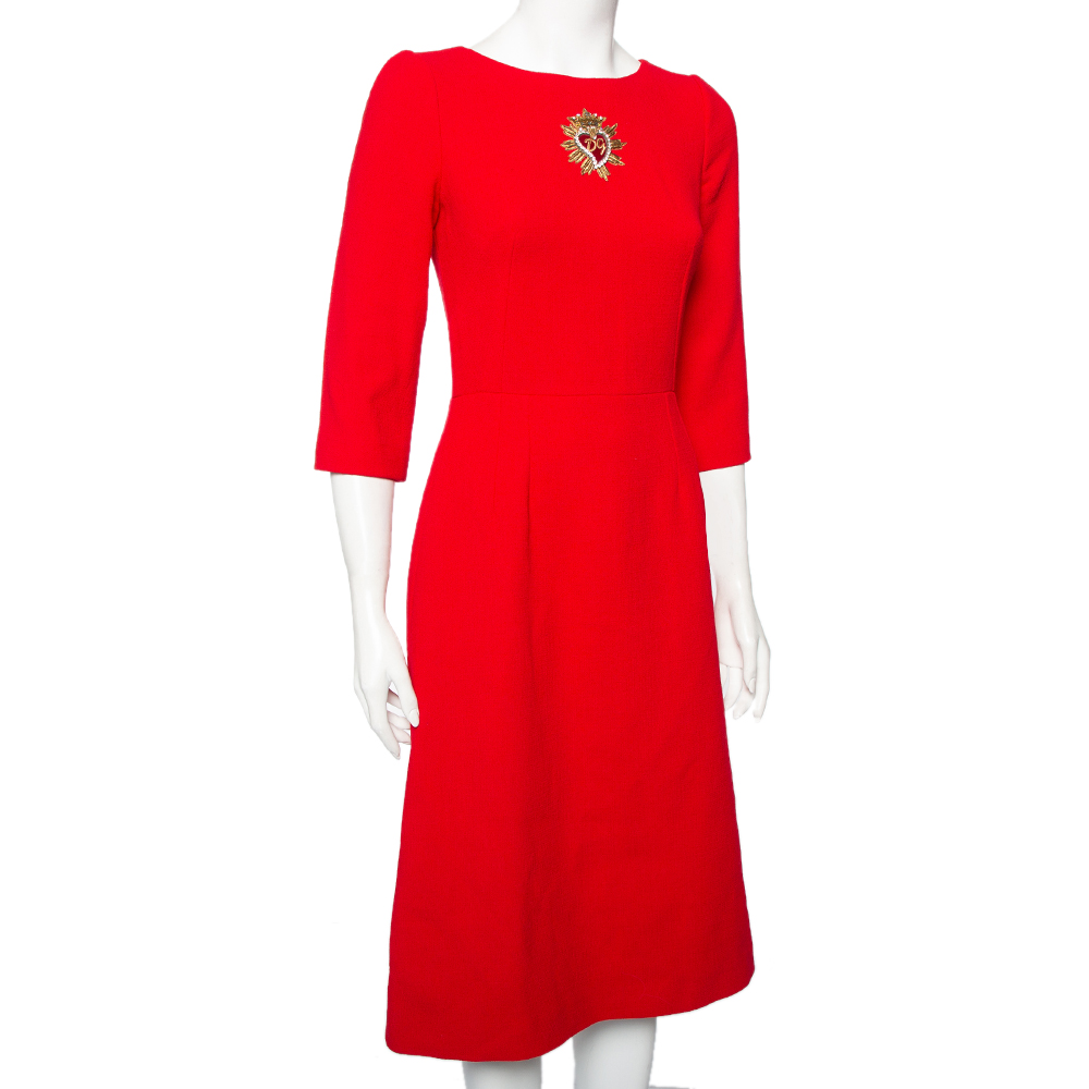 

Dolce & Gabbana Red Crepe Wool Embellished Logo Detail A-Line Midi Dress