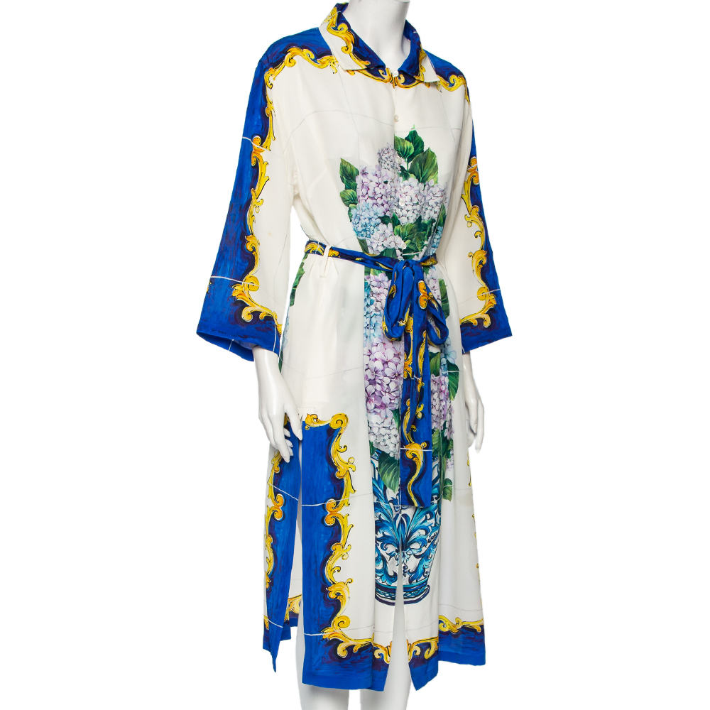 

Dolce & Gabbana White Bouquet Printed Silk Button Down Belted Dress