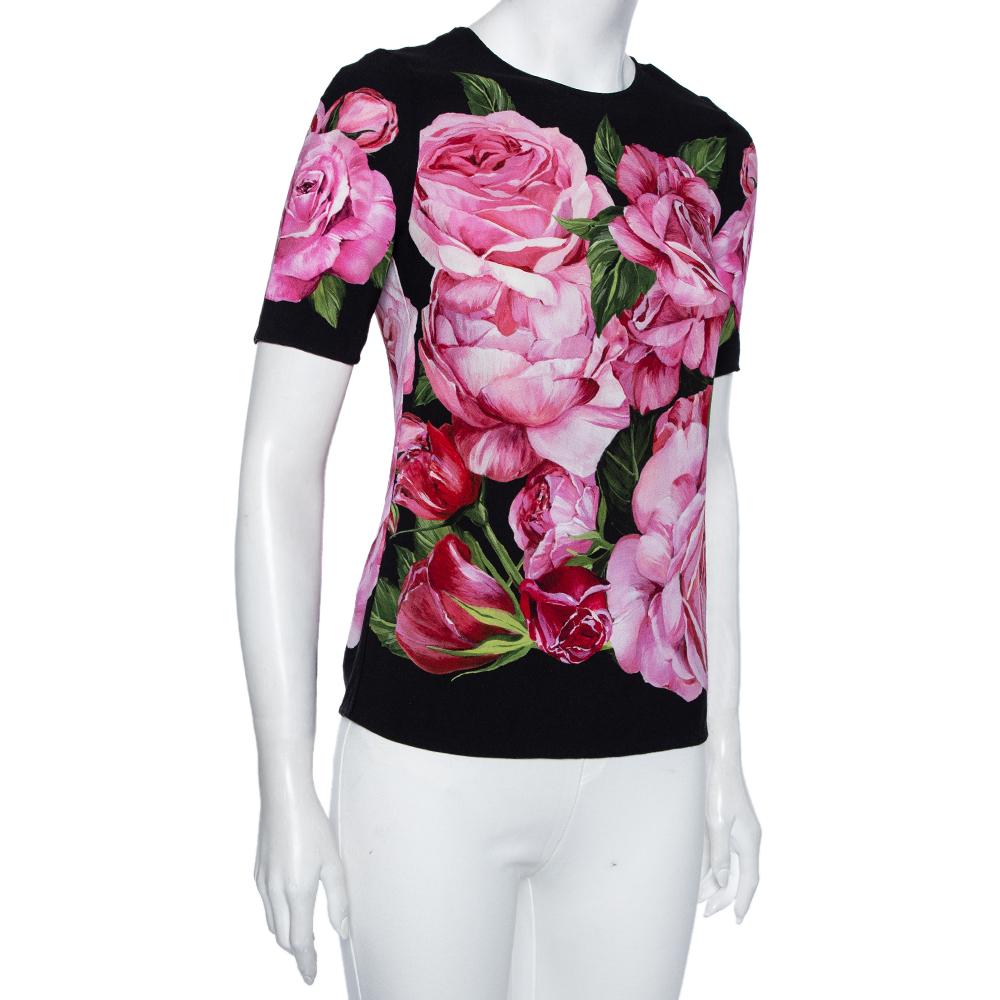 

Dolce & Gabbana Black Floral Printed Crepe Short Sleeve Top