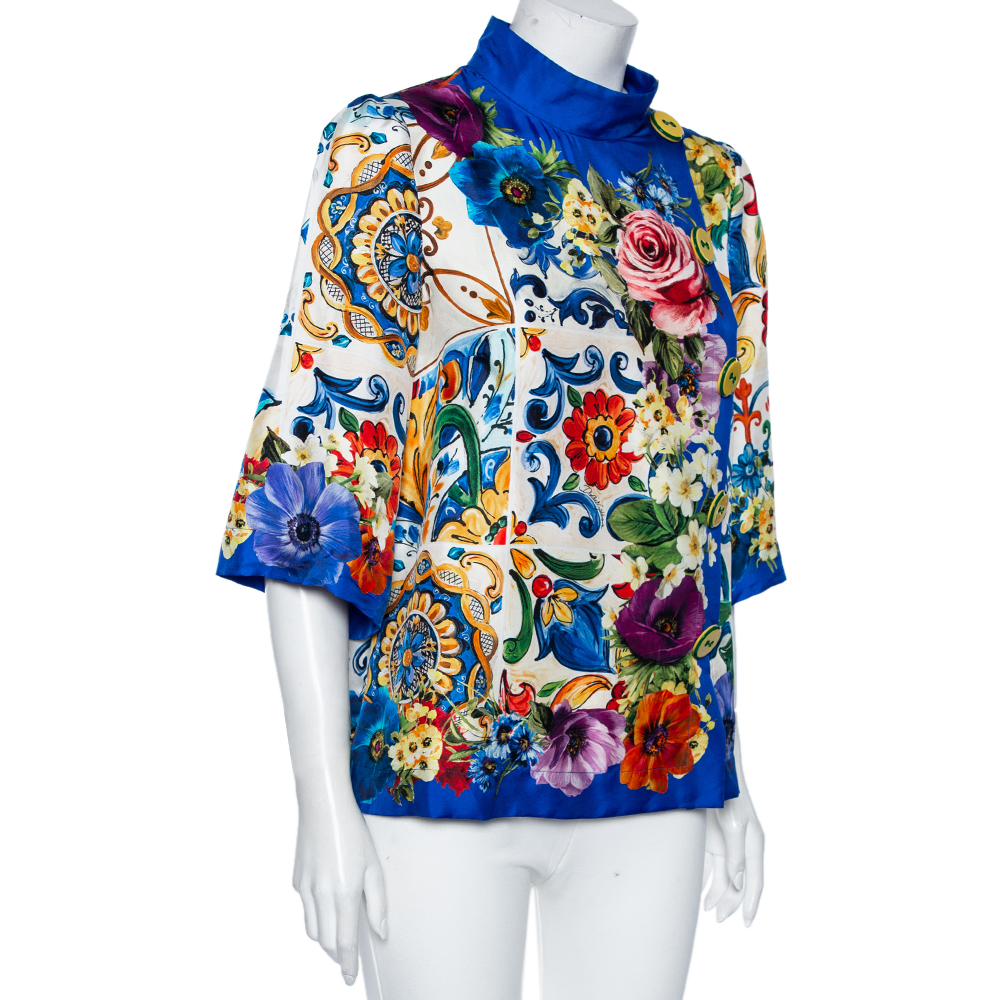 

Dolce & Gabbana Blue Floral Printed Silk Button Detailed Blouse