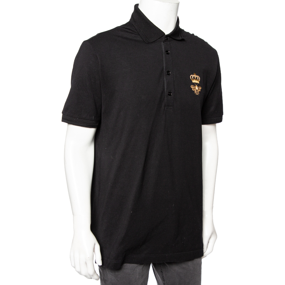

Dolce & Gabbana Black Cotton Pique Bee & Crown Embroidered Polo T-Shirt