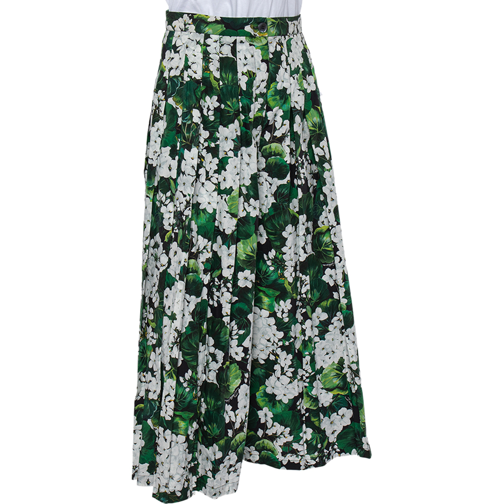 

Dolce & Gabbana Green Floral Printed Cotton Pleated Flared Pants