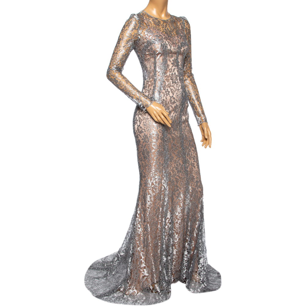 

Dolce & Gabbana Metallic Floral Lace Long Sleeve Gown