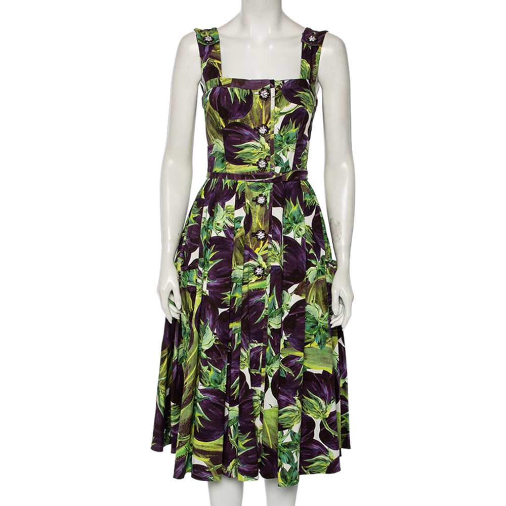 Pre Owned Dolce & Gabbana Purple Aubergine Printed Cotton Pleated Dress M