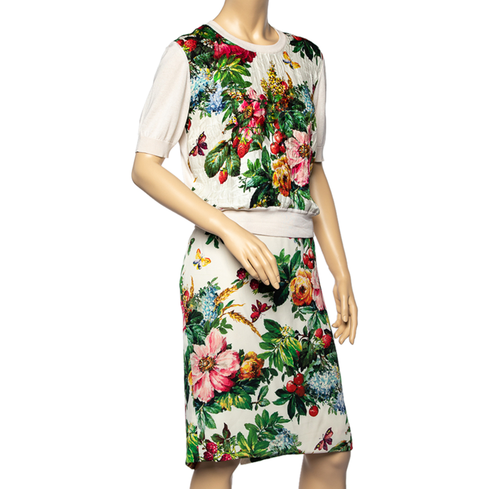 

Dolce & Gabbana Cream Floral Embossed Jacquard Top & Silk Skirt