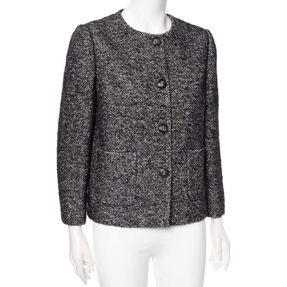 

Dolce & Gabbana Monochrome Wool Button Front Collarless Jacket, Grey