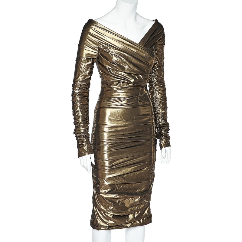 

Dolce & Gabbana Gold Lamé Ruched Off Shoulder Dress
