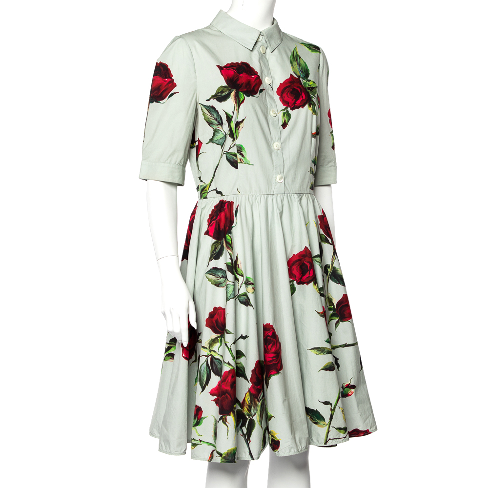 

Dolce & Gabbana Light Green Rose Printed Cotton Flared Midi Dress