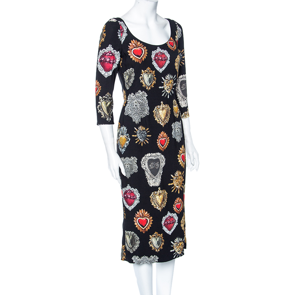 

Dolce & Gabbana Black Sacred Heart Print Crepe Midi Dress