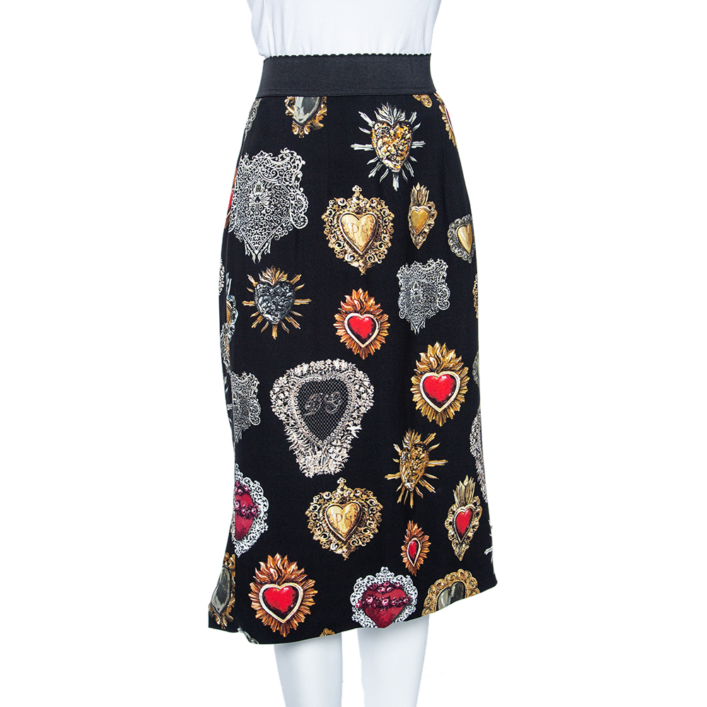 

Dolce & Gabbana Black Sacred Heart Print Crepe Straight Midi Skirt