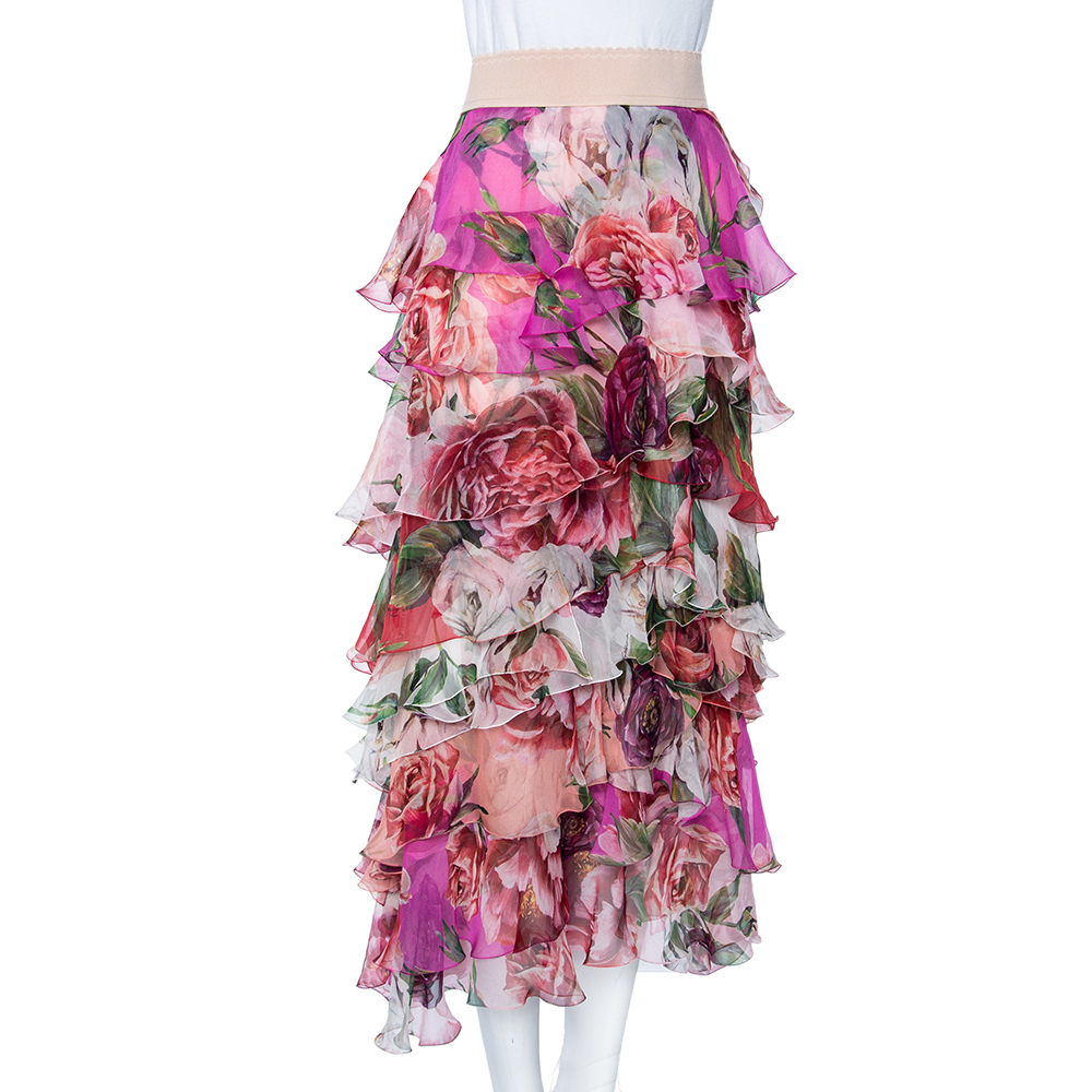 

Dolce & Gabbana Pink Floral Print Silk Ruffled Maxi Skirt