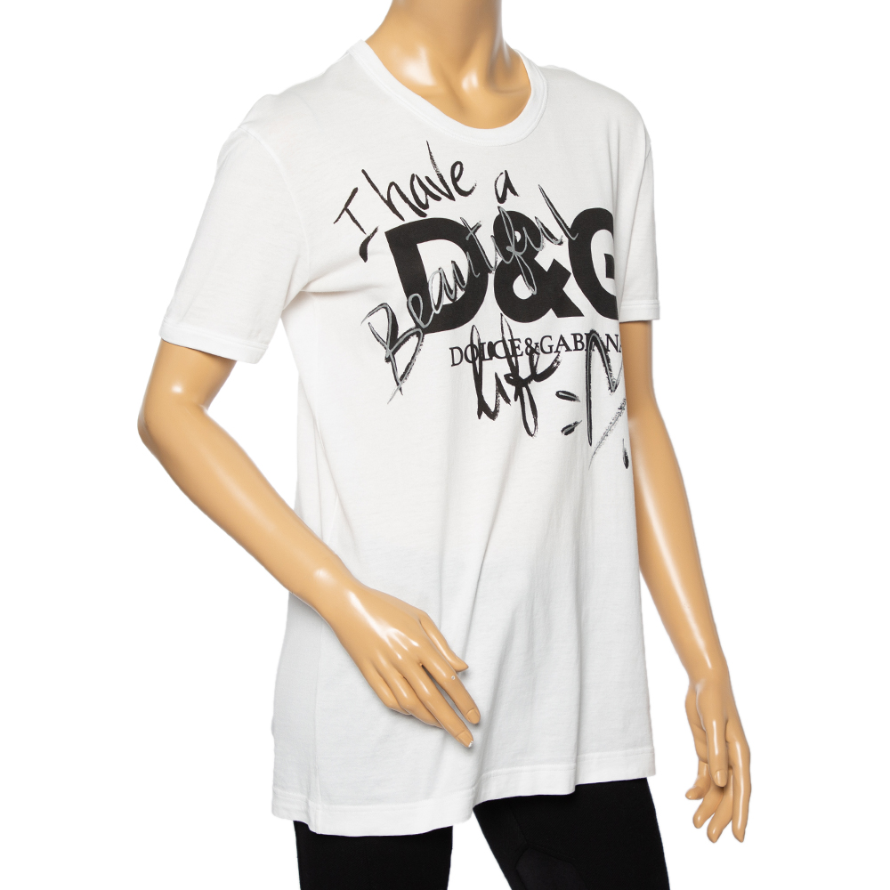 

Dolce & Gabbana White Beautiful Life Print Cotton Short Sleeve T-Shirt