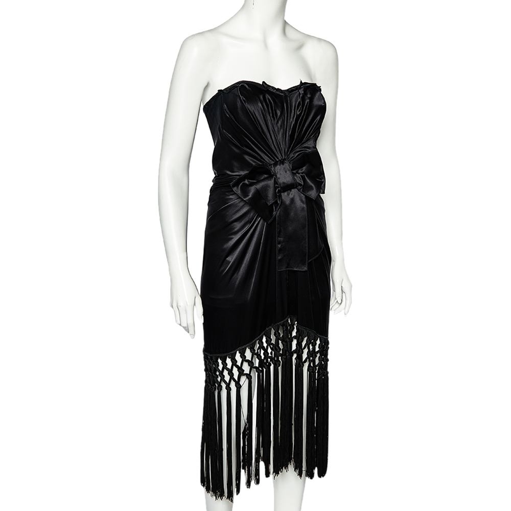 

Dolce & Gabbana Black Silk Satin Bow Detail Fringed Hem Strapless Dress