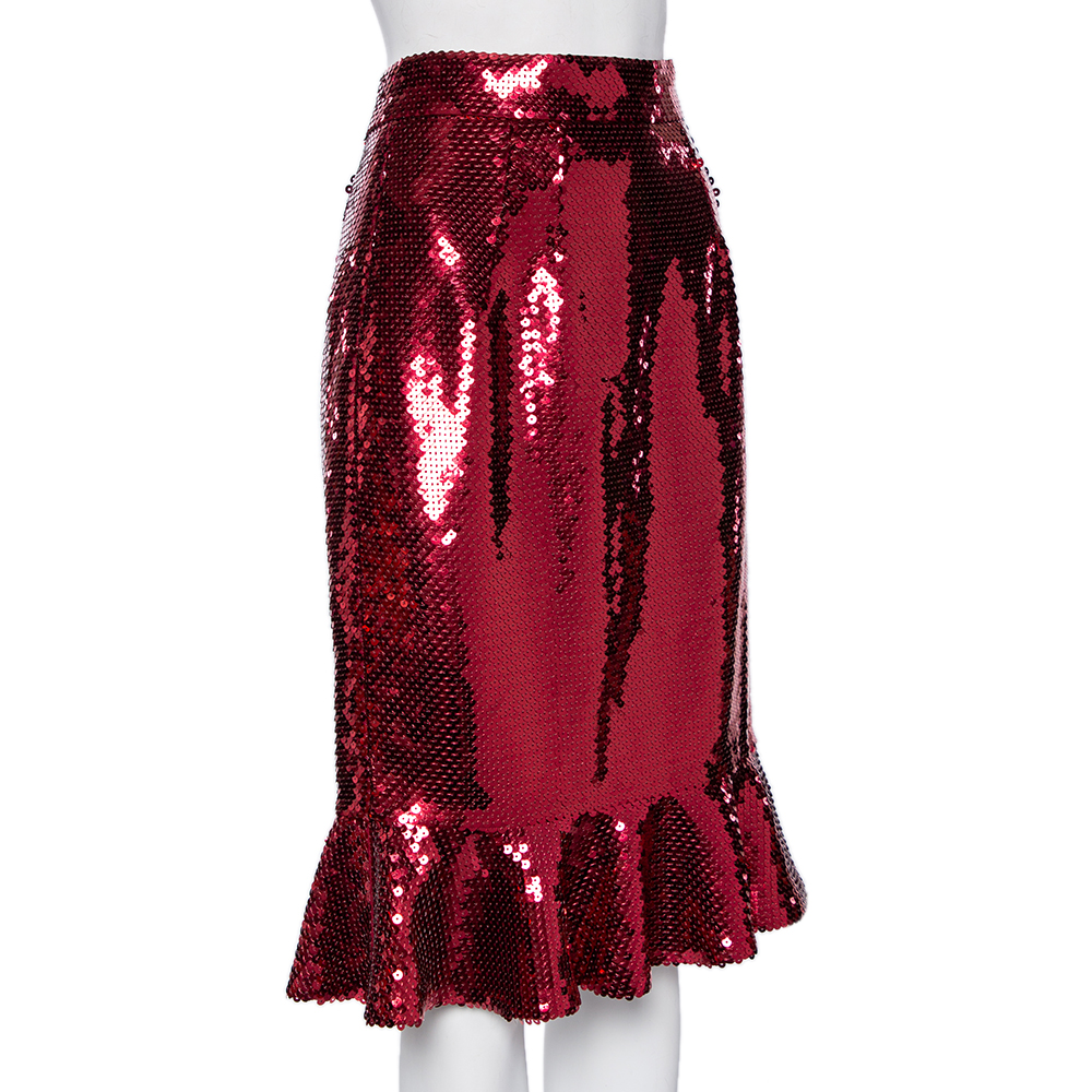 Dolce & Gabbana Red Sequin Embellished Flared Hem Detailed Skirt