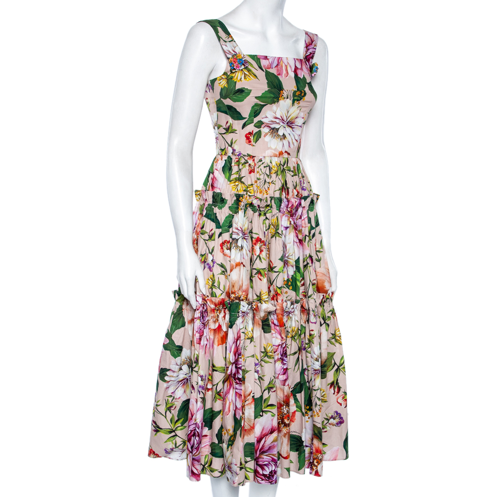 

Dolce & Gabbana Multicolored Floral Printed Cotton Pleated Tiered Dress, Multicolor
