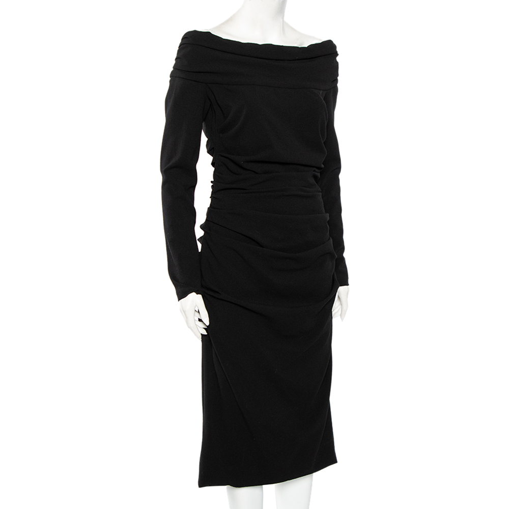 

Dolce & Gabbana Black Wool Crepe Off Shoulder Ruched Midi Dress