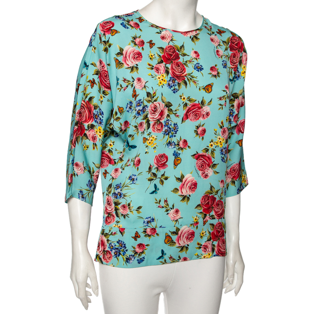 

Dolce & Gabbana Blue Floral Print Silk Kimono Blouse