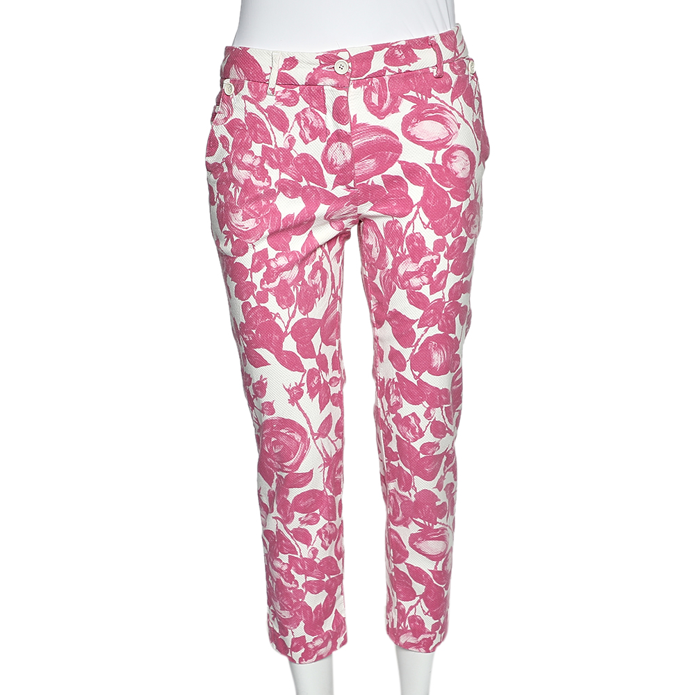 

Dolce & Gabbana Pink Floral Printed Textured Cotton Tapered Leg Pants