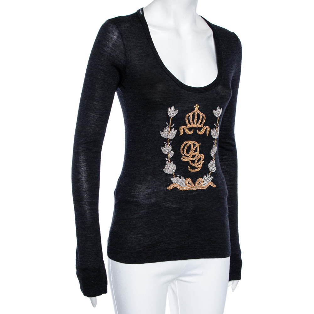 

Dolce & Gabbana Charcoal Grey Knit Logo Embroidered Long Sleeve T-Shirt