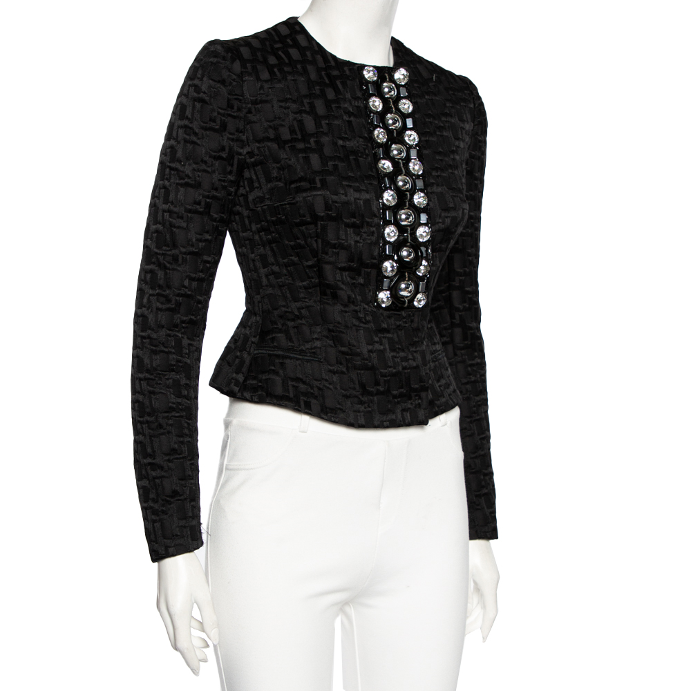 

Dolce & Gabbana Black Jacquard & Embellished Button Front Cropped Jacket