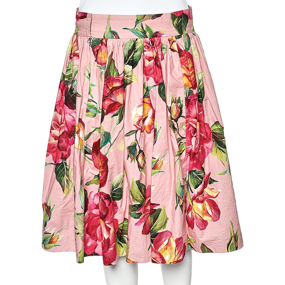 

Dolce & Gabbana Pink Rose Printed Cotton Midi Skirt