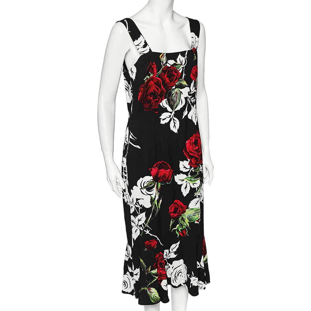 

Dolce & Gabbana Black Rose Printed Crepe Sleeveless Midi Dress