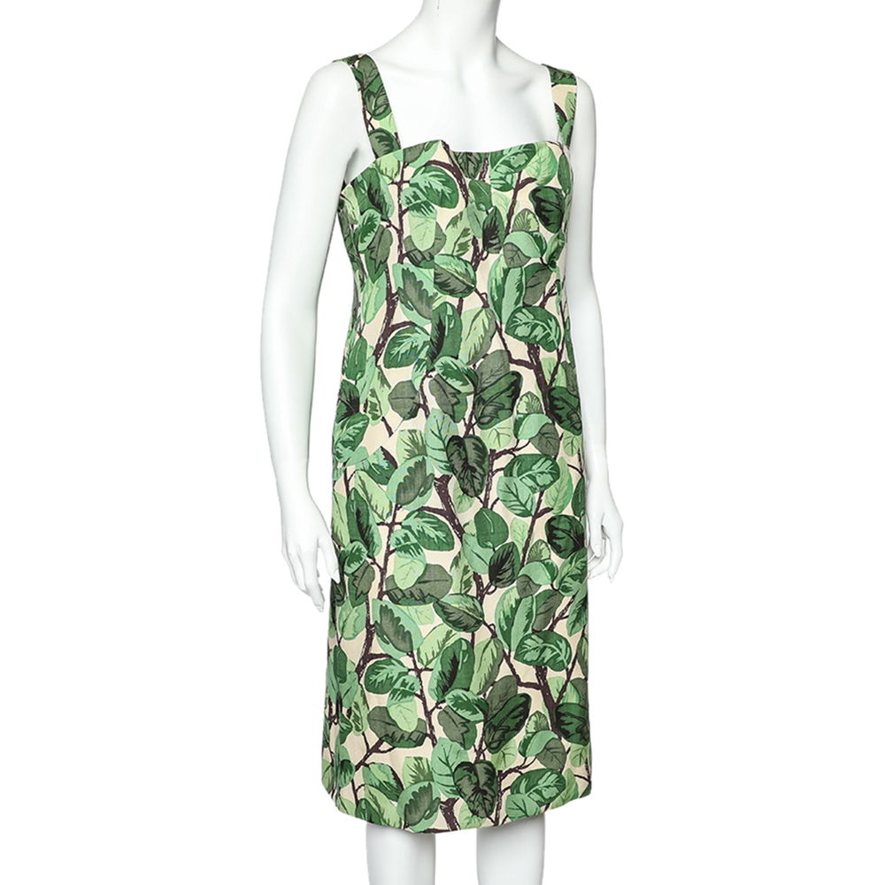 

Dolce & Gabbana Green Leaf Print Silk Short Sleeveless Dress