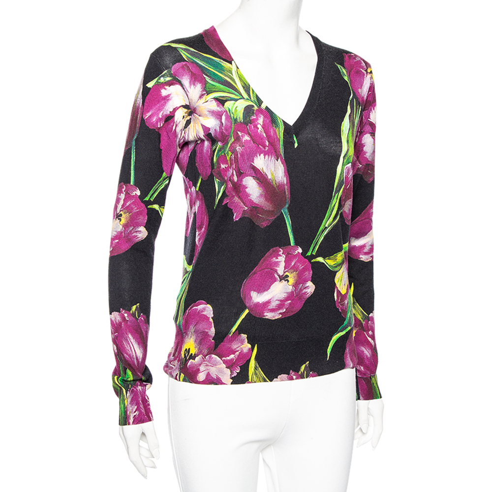 

Dolce & Gabbana Black Tulip Print Cashmere V-Neck Jumper