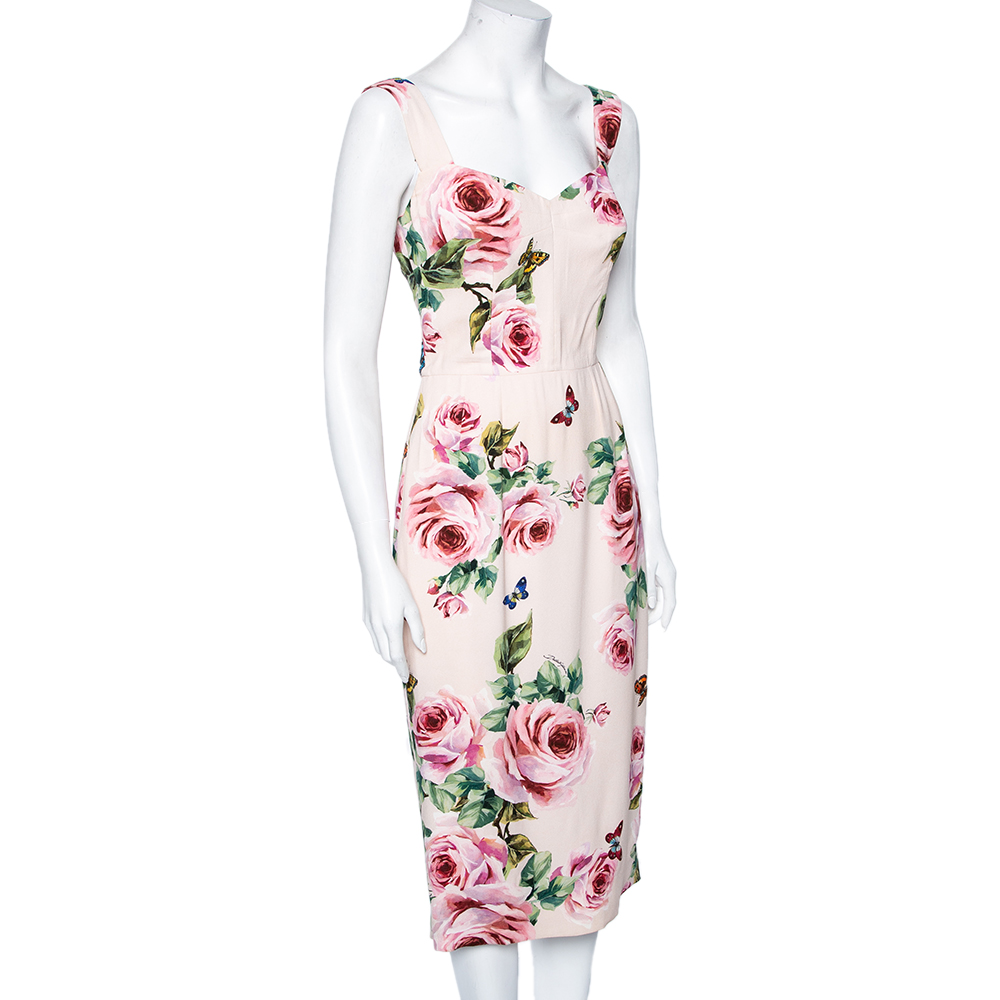 

Dolce & Gabbana Pink Rose Printed Crepe Sleeveless Midi Dress