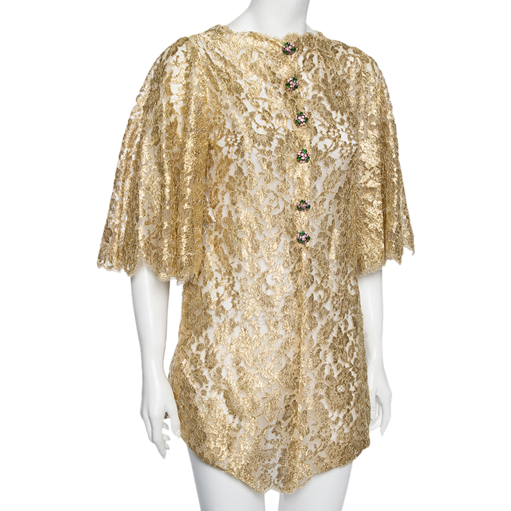 

Dolce & Gabbana Gold Lurex Floral Lace Scalloped Hem Detailed Blouse