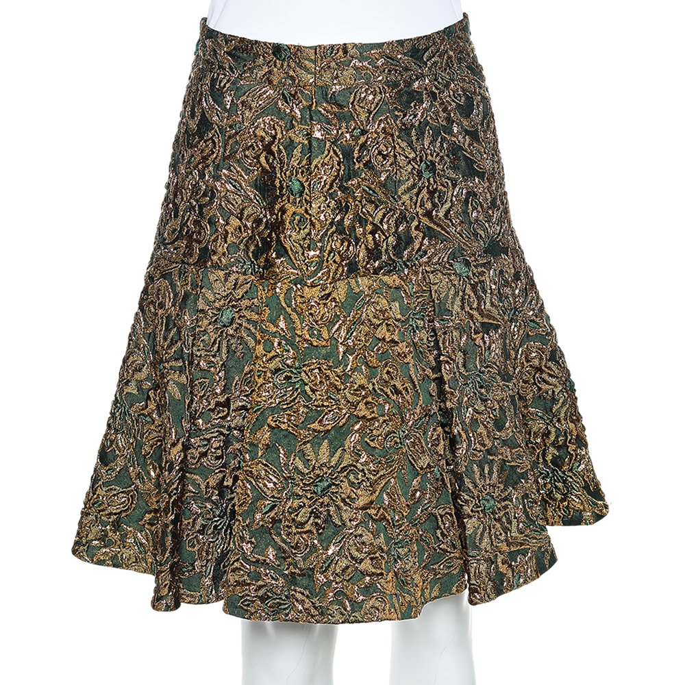

Dolce & Gabbana Green & Gold Floral Brocade Pleated Skirt