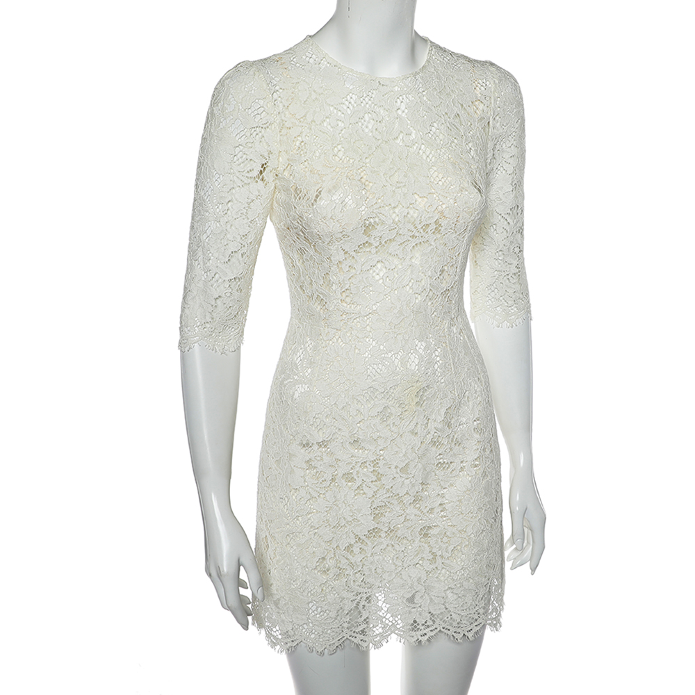 

Dolce & Gabbana White Floral Lace Scalloped Hem Detail Dress