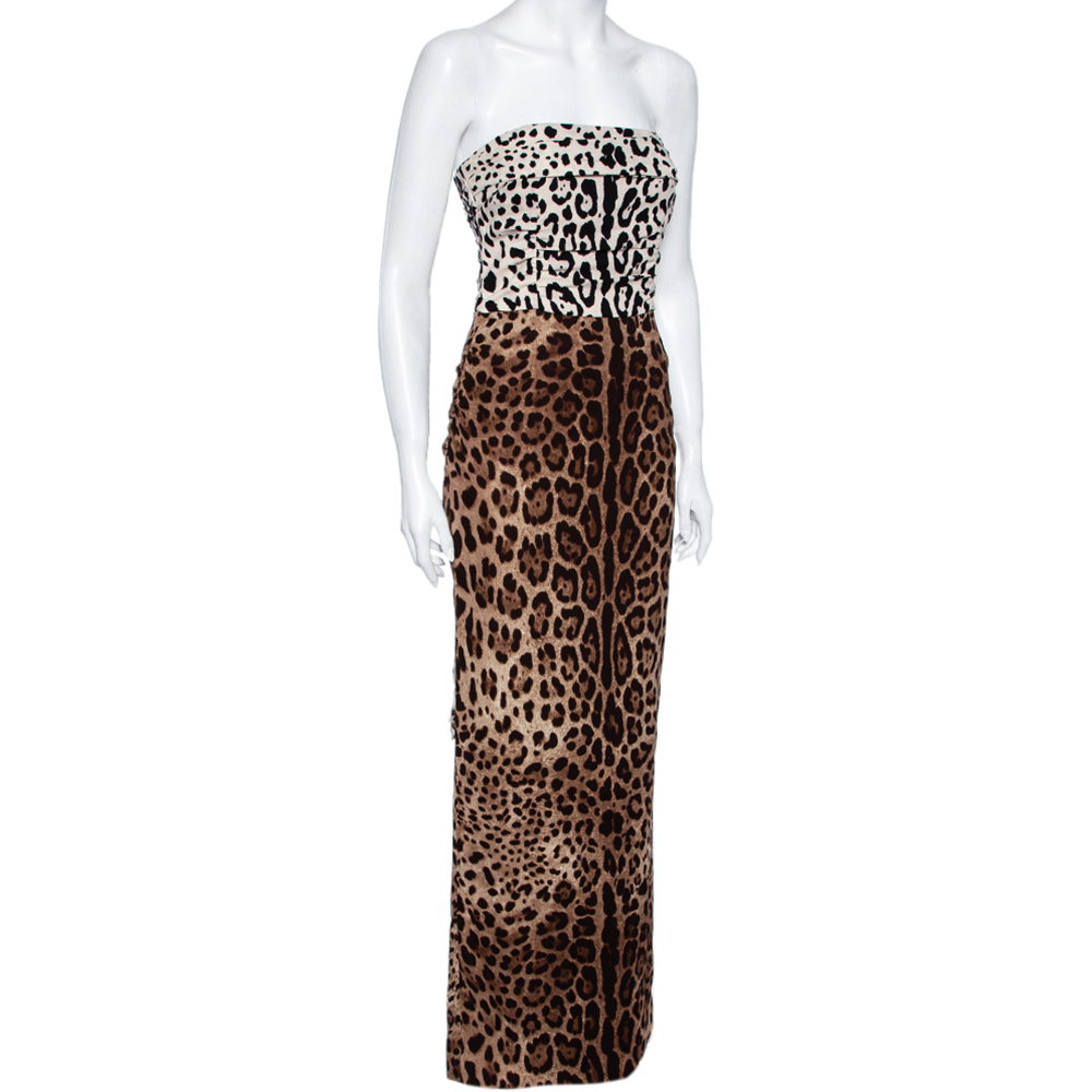 

Dolce & Gabbana Leopard Printed Silk Crepe Strapless Maxi Dress, Multicolor