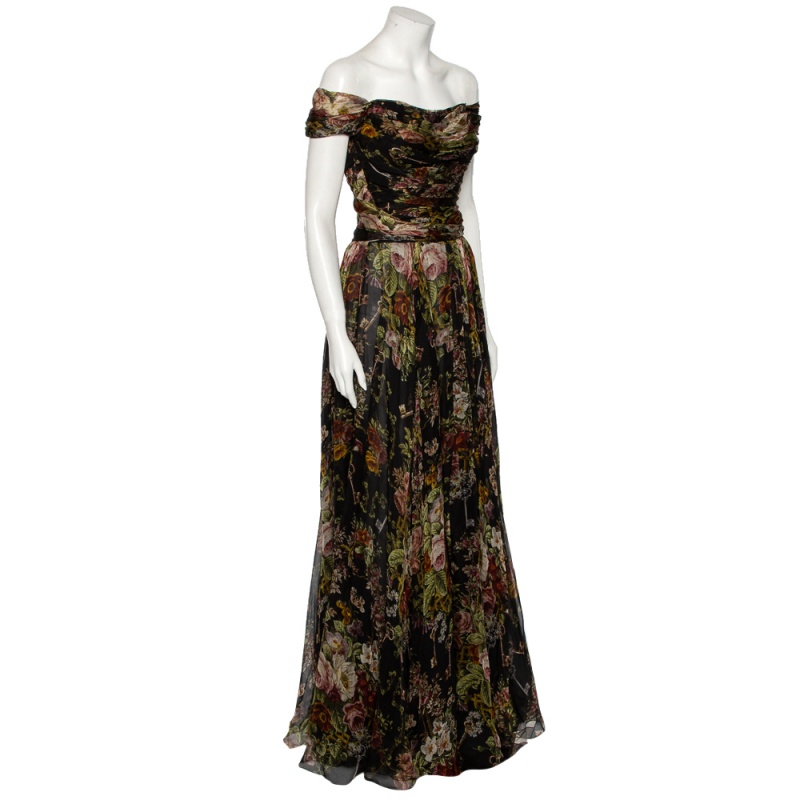 

Dolce & Gabbana Multicolored Floral Printed Silk Ruched Off-Shoulder Gown, Multicolor