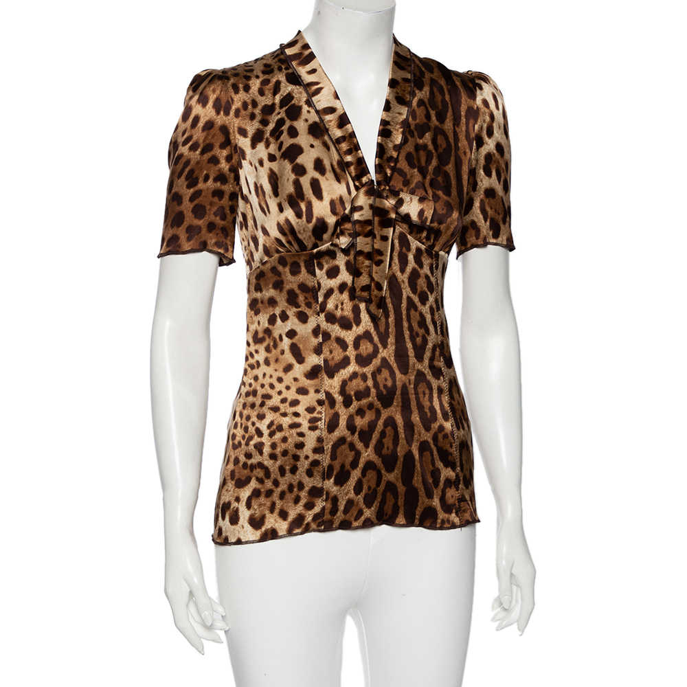 

Dolce & Gabbana Brown Animal Print Silk Neck Tie Detailed Top