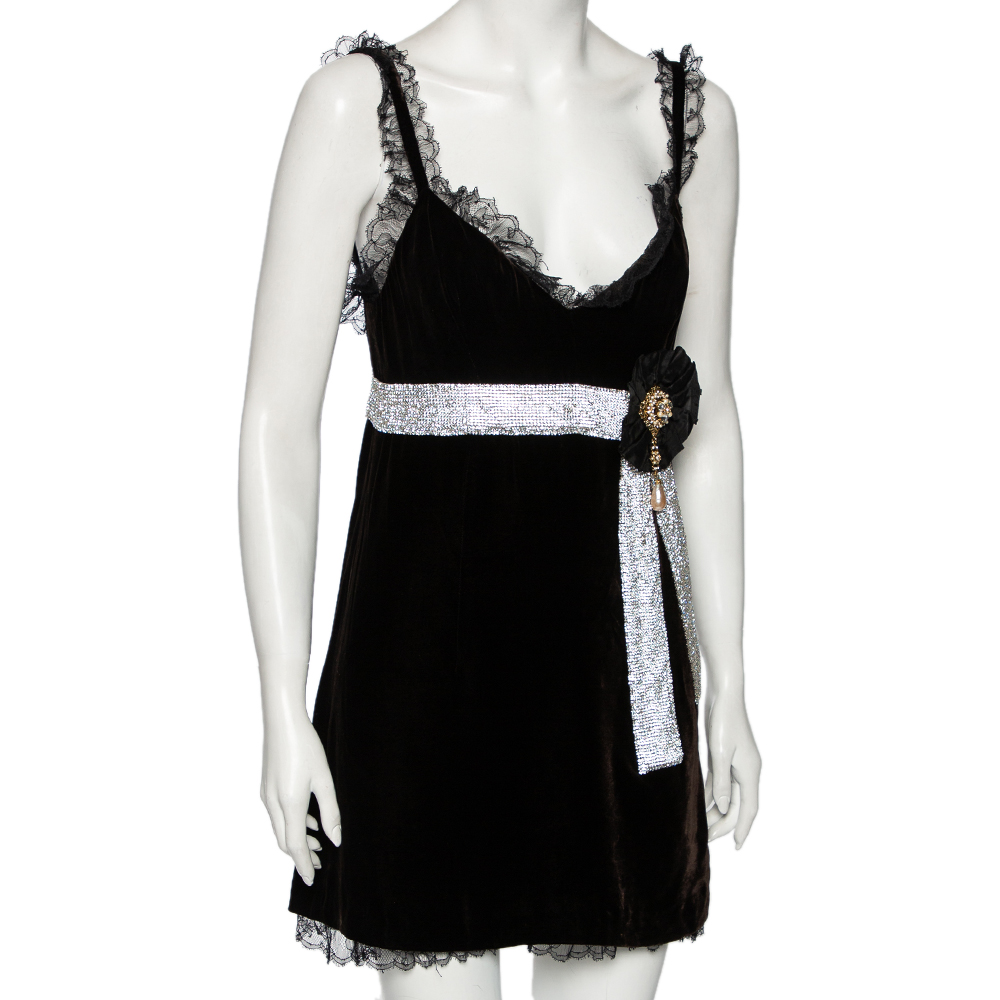 

Dolce & Gabbana Black Velvet & Lace Trimmed Embellished Mini Dress