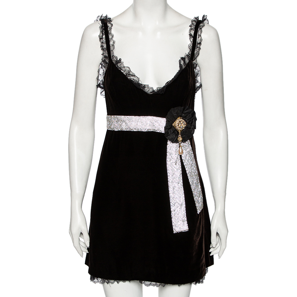 Pre-owned Dolce & Gabbana Black Velvet & Lace Trimmed Embellished Mini Dress M