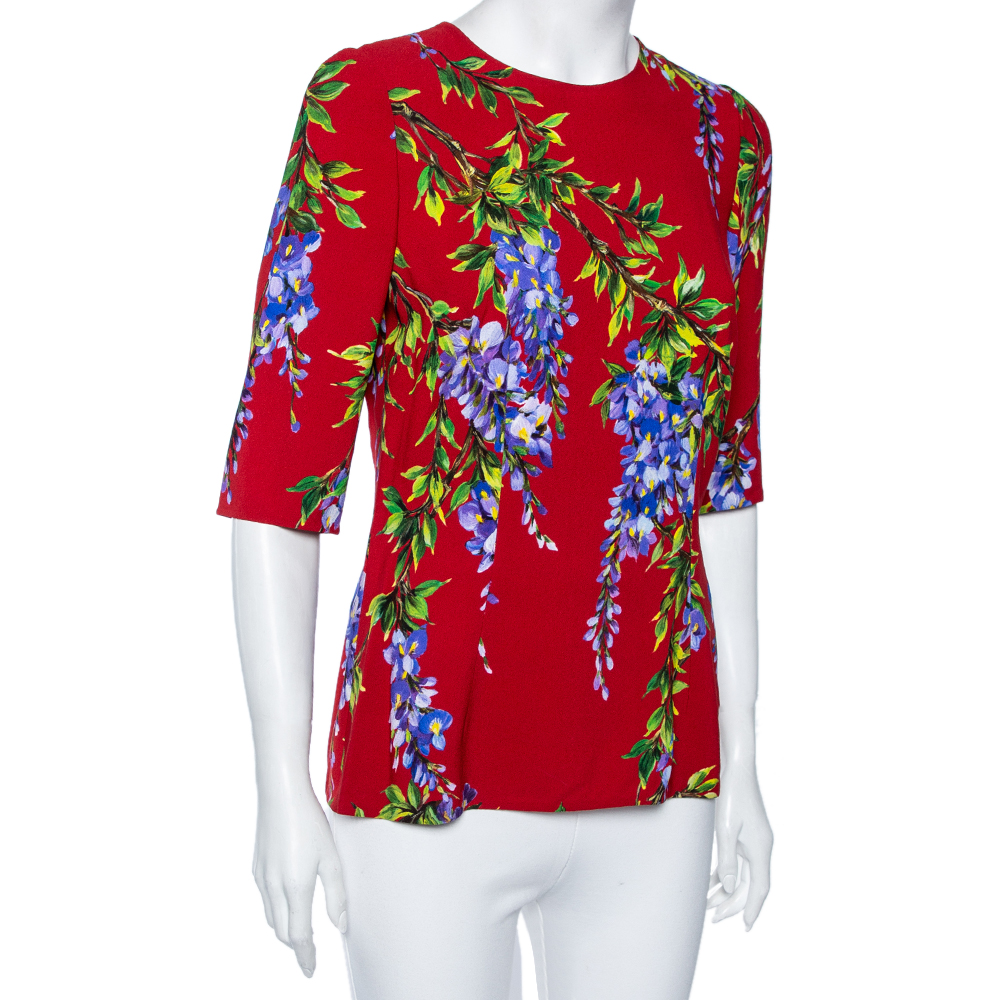 

Dolce & Gabbana Red Floral Printed Crepe Blouse