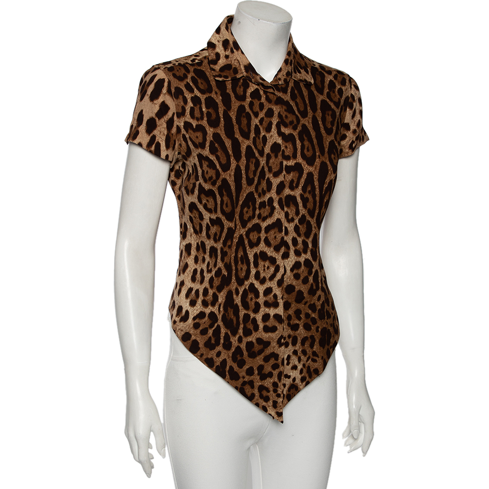 

Dolce & Gabbana Brown Leopard Printed Silk Tie-Knot Blouse