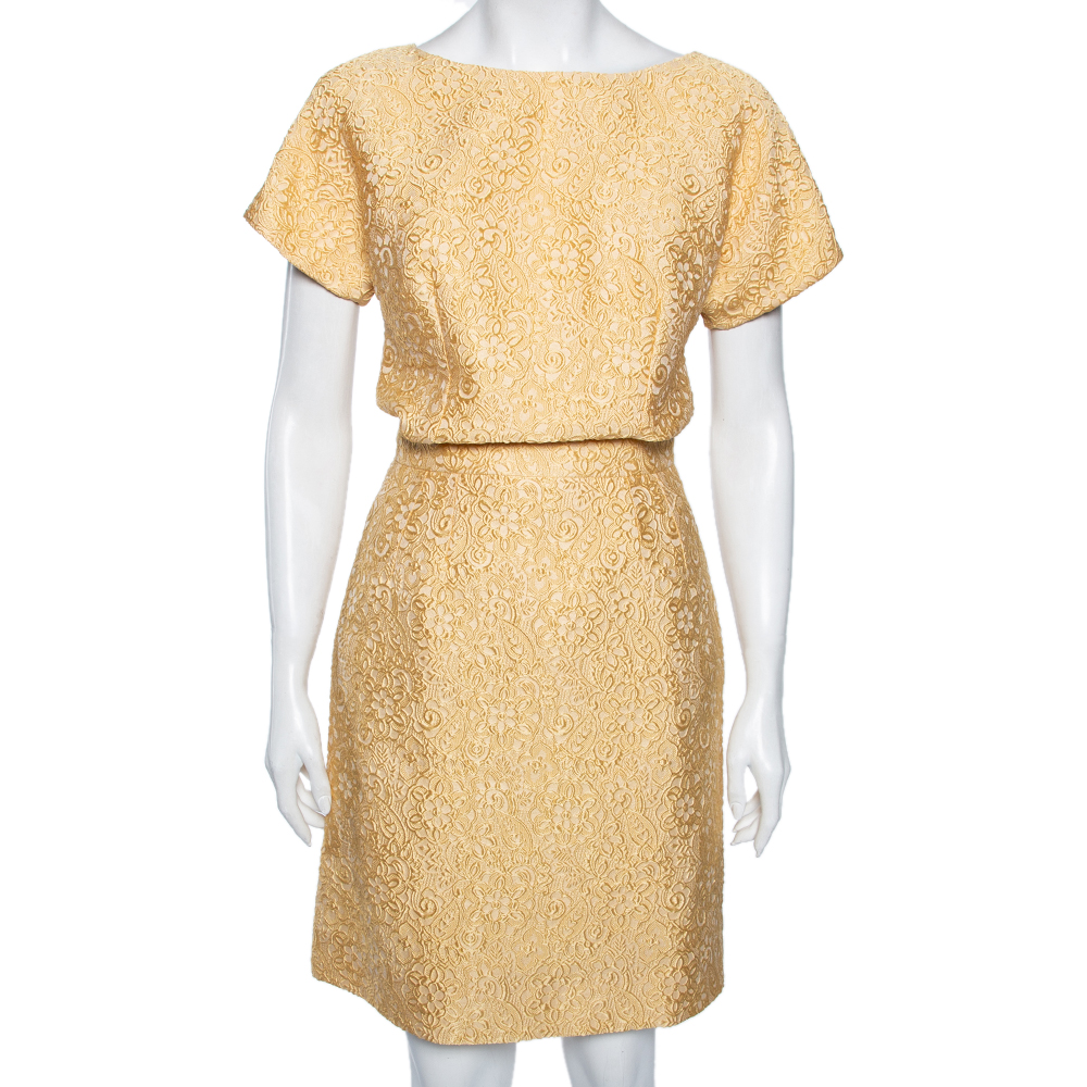 

Dolce & Gabbana Ochre Yellow Embossed Jacquard Fitted Top & Skirt Set