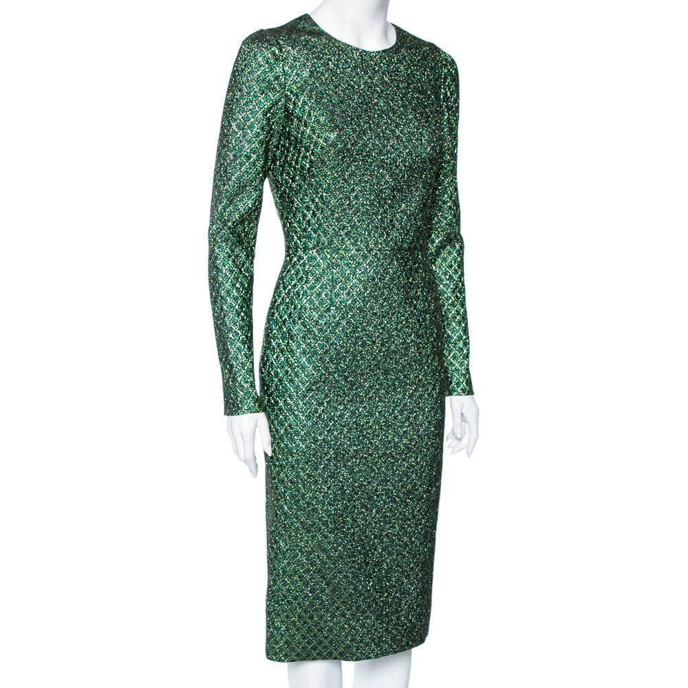 

Dolce & Gabbana Green Metallic Jacquard Long Sleeve Midi Dress